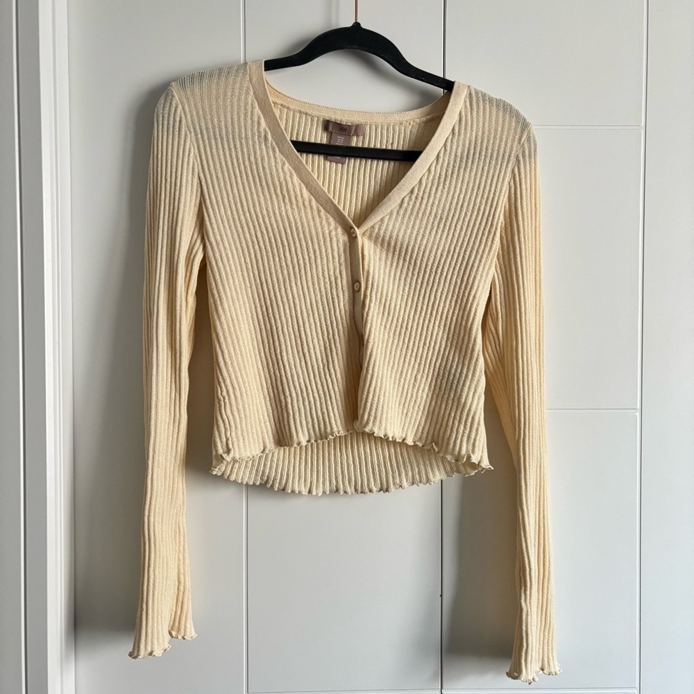 Butter Yellow Ribbed V-Neck Cardigan - Picture 1 of 4